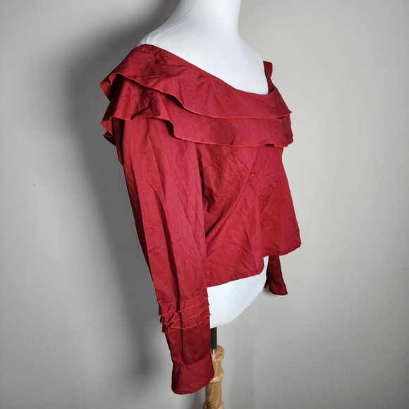 Subtitled Ruffle Blouse Womens M Red Off Shoulder Open Back Romantic Bardot Top - Picture 2 of 10